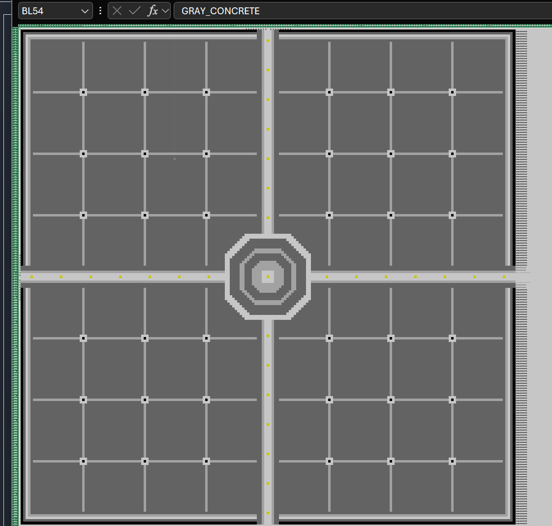 A gray concrete platform layout with paths and a central hub, shown in a spreadsheet.